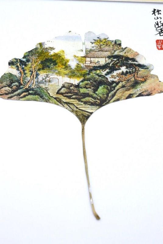 Chinese painting on tree leaf - Small Chinese village 2