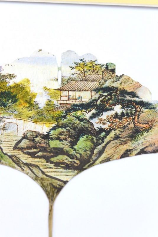 Chinese painting on tree leaf - Small Chinese village 3