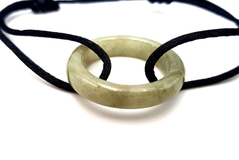 Chinese Pi Bracelet in real Jade - Dinh Van Style Green circle / Black cord 2