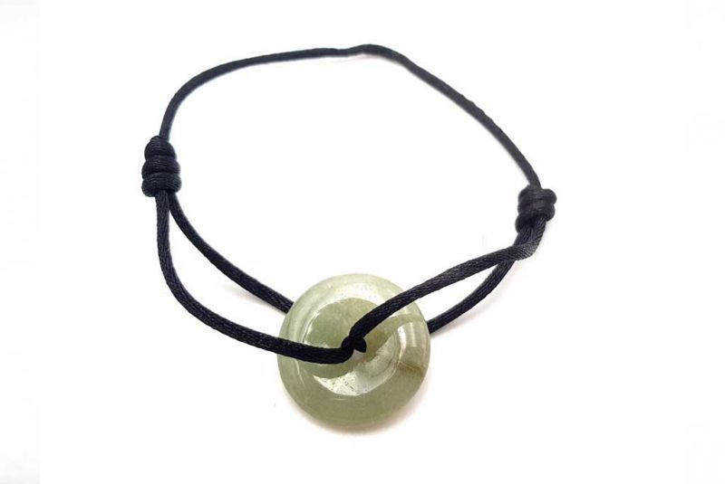 Chinese Pi Bracelet in real Jade - Dinh Van Style Green Disk / Black Cord 1