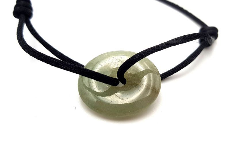 Chinese Pi Bracelet in real Jade - Dinh Van Style Green Disk / Black Cord 2