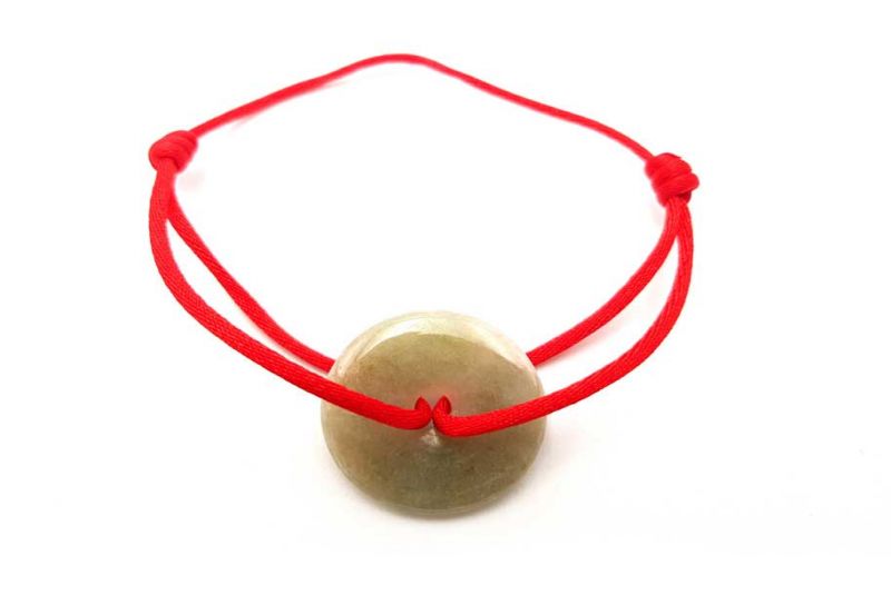 Chinese Pi Bracelet in real Jade - Dinh Van Style Green Disk / Red Cord 1