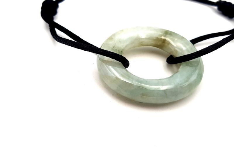 Chinese Pi Bracelet in real Jade - Dinh Van Style Large Green Circle / Black Cord 2