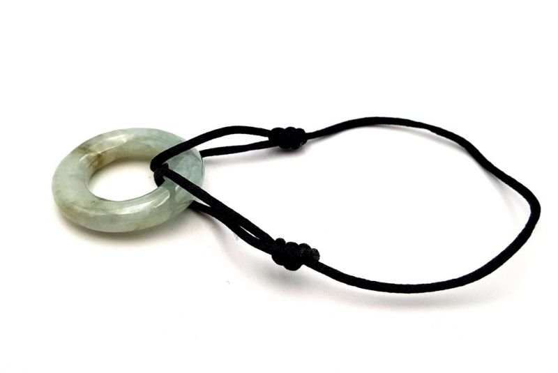 Chinese Pi Bracelet in real Jade - Dinh Van Style Large Green Circle / Black Cord 3