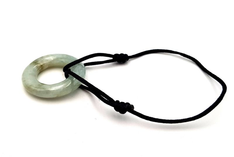 Chinese Pi Bracelet in real Jade - Dinh Van Style Large Green Circle / Black Cord 3