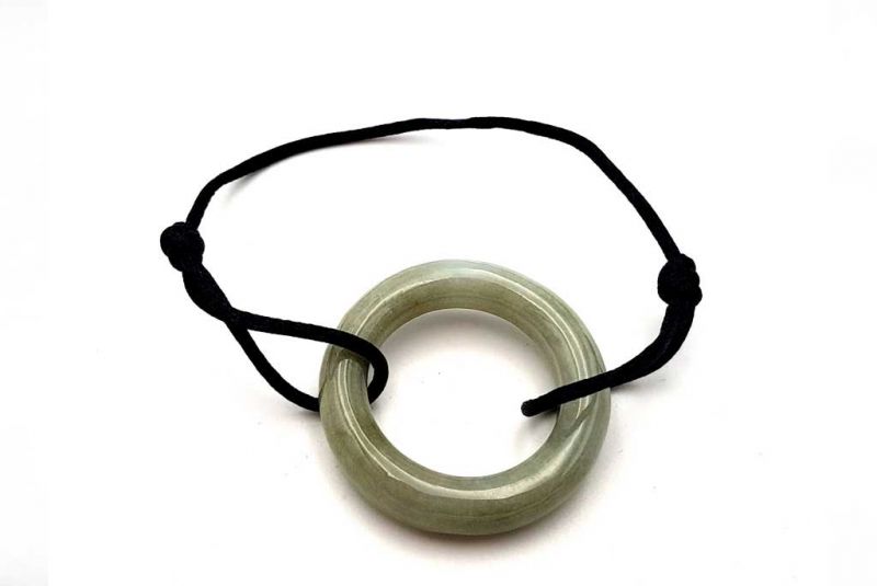 Chinese Pi Bracelet in real Jade - Dinh Van Style Very Large Green Circle / Black Cord 1