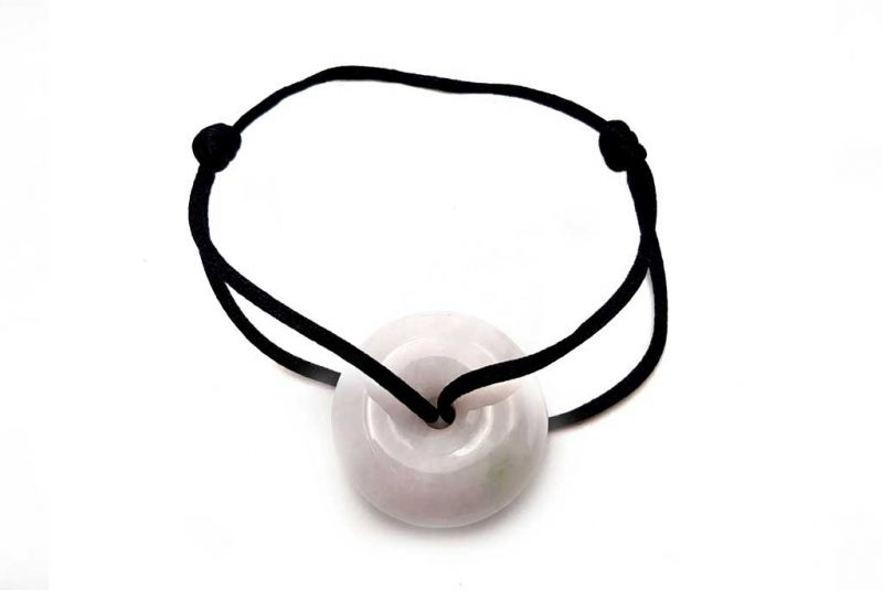 Chinese Pi Bracelet in real Jade - Dinh Van Style White Disk / Black Cord 1