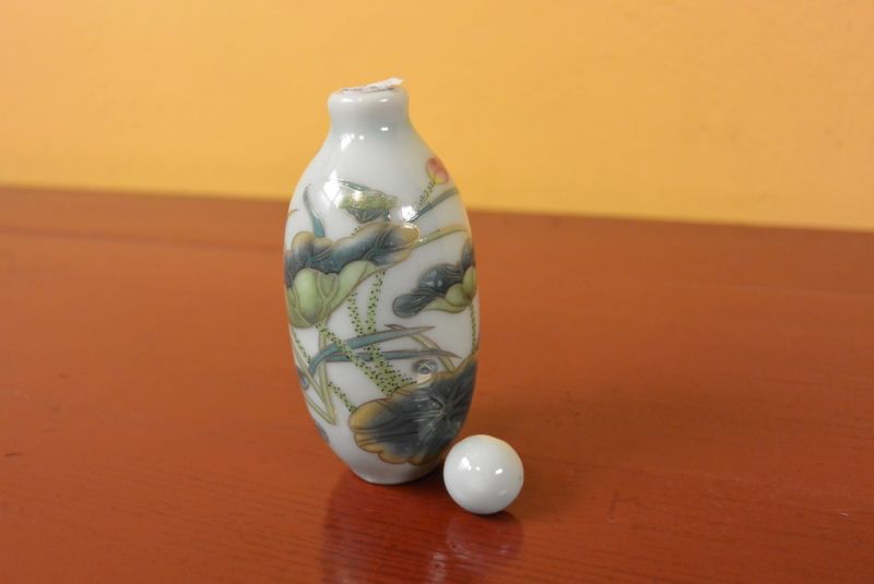 Chinese Porcelain Snuff Bottle Flower and Dragonfly 3 5