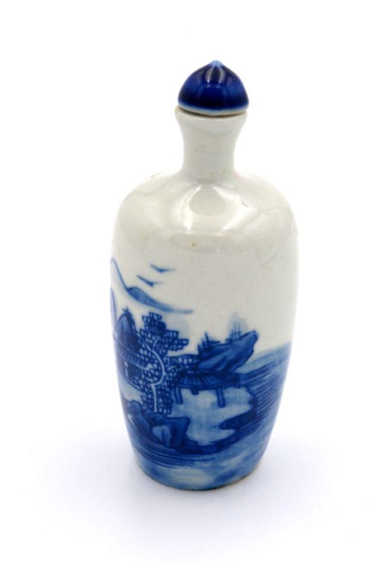 Chinese Porcelain Snuff Bottle - hand made painting - White and Blue - Landscape 4 3