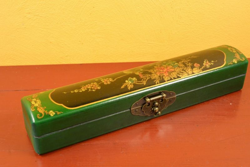 Chinese small long wooden box Green and Black Birds 1