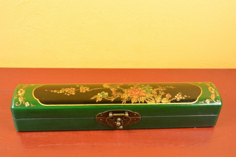Chinese small long wooden box Green and Black Birds 2