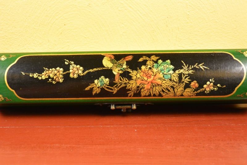 Chinese small long wooden box Green and Black Birds 4