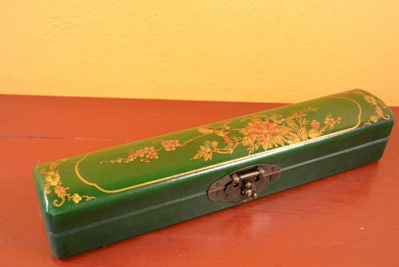 Chinese small long wooden box Green Birds 1
