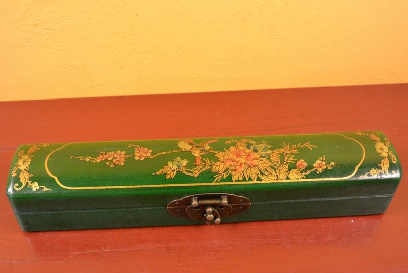Chinese small long wooden box Green Birds 2