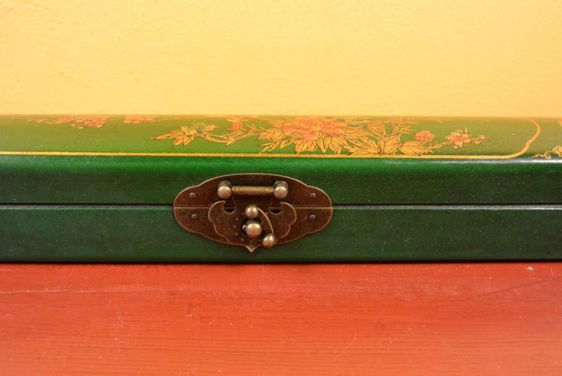 Chinese small long wooden box Green Birds 3