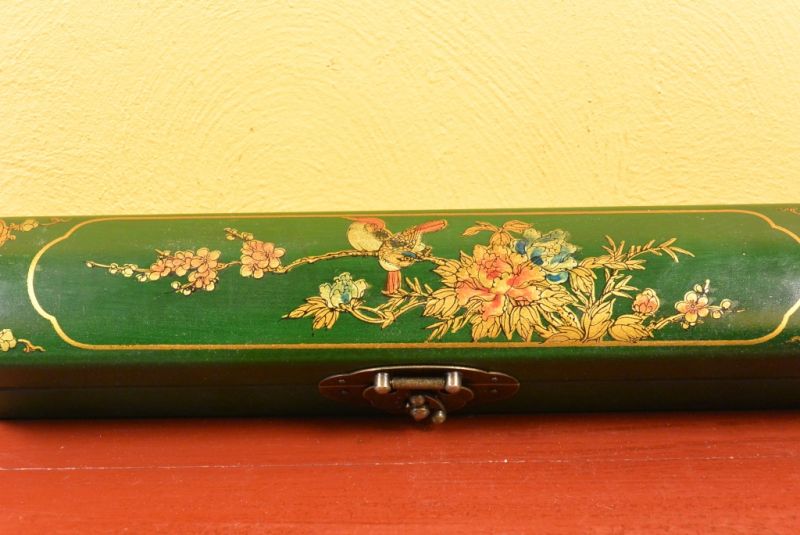 Chinese small long wooden box Green Birds 4
