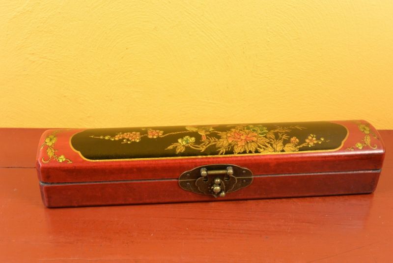 Chinese small long wooden box Red and Black Birds 2