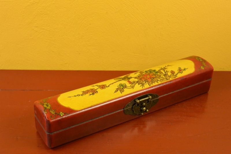Chinese small long wooden box Red and Yellow Birds 1