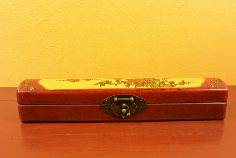 Chinese small long wooden box Red and Yellow Birds 2