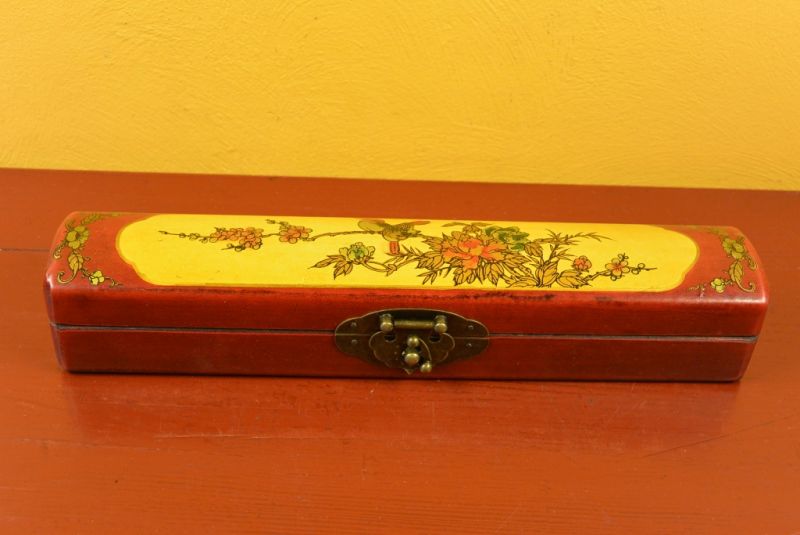Chinese small long wooden box Red and Yellow Birds 3