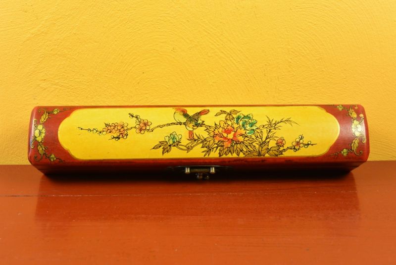 Chinese small long wooden box Red and Yellow Birds 4