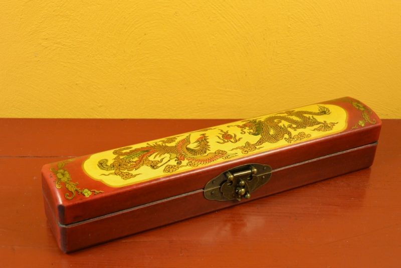 Chinese small long wooden box Red and Yellow Dragon 1
