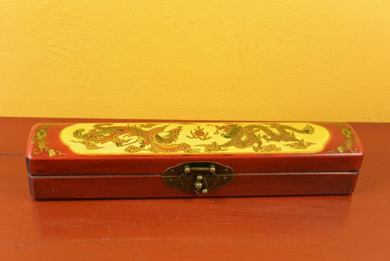 Chinese small long wooden box Red and Yellow Dragon 3