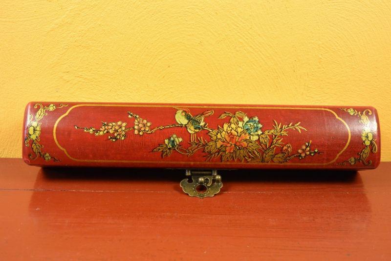 Chinese small long wooden box Red Birds 4