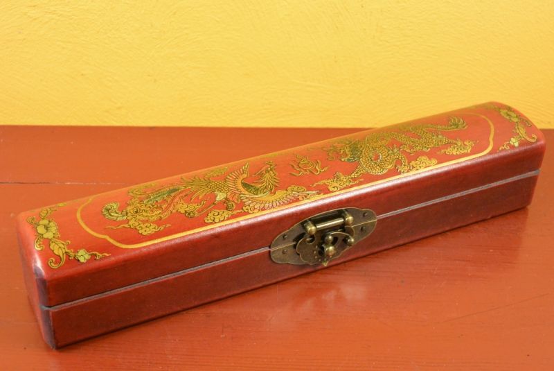 Chinese small long wooden box Red Dragon and Phoenix 1