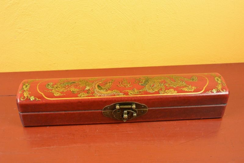 Chinese small long wooden box Red Dragon and Phoenix 2