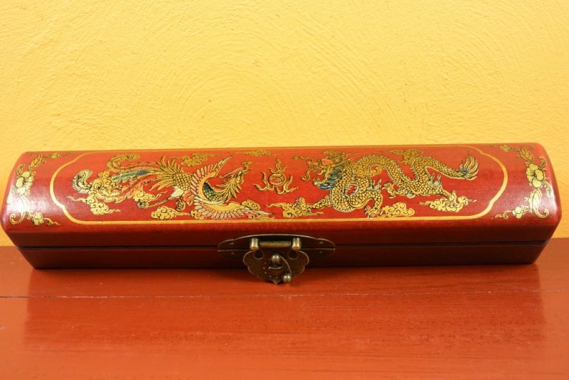 Chinese small long wooden box Red Dragon and Phoenix 4