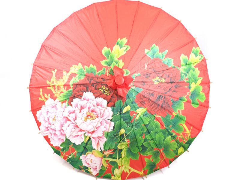 Chinese Wood and Paper Parasol - Flowers - Red 1