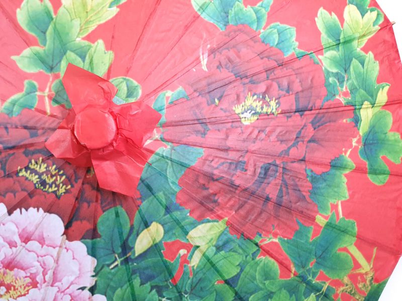 Chinese Wood and Paper Parasol - Flowers - Red 2