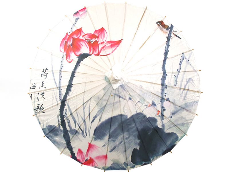 Chinese Wood and Paper Parasol - Lotus and bird 1