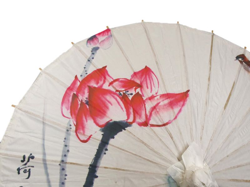 Chinese Wood and Paper Parasol - Lotus and bird 2