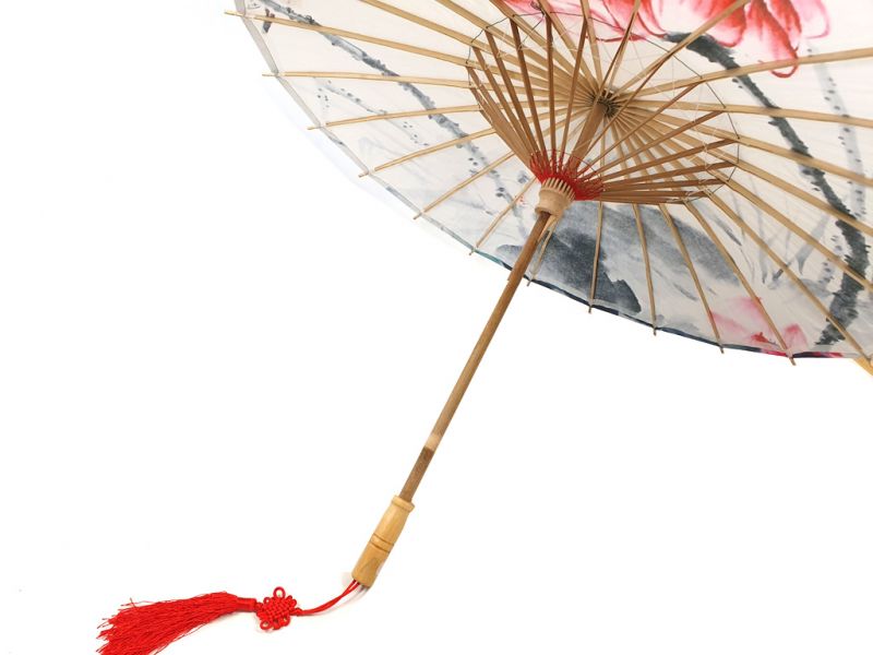 Chinese Wood and Paper Parasol - Lotus and bird 3