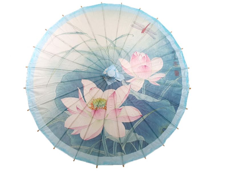 Chinese Wood and Paper Parasol - Lotus and Dragonfly 1