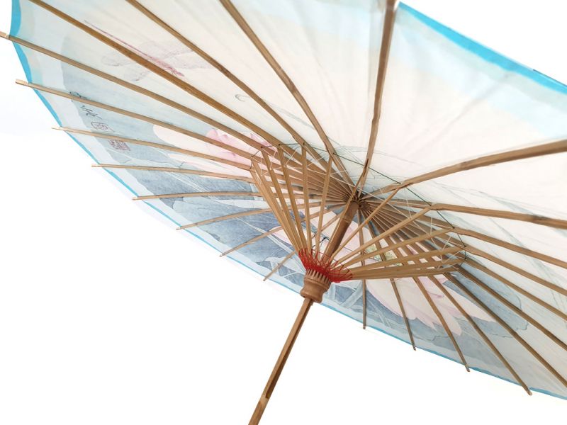 Chinese Wood and Paper Parasol - Lotus and Dragonfly 3