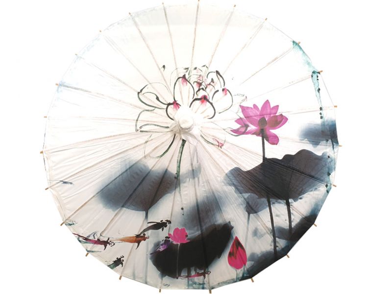 Chinese Wood and Paper Parasol - Lotus and fish 1
