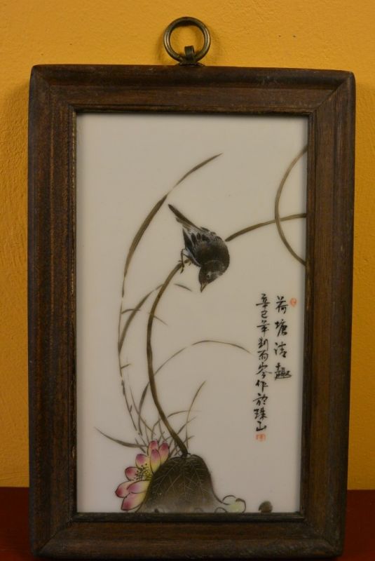 Chinese Wood and Porcelain Panel Bird Lotus 1