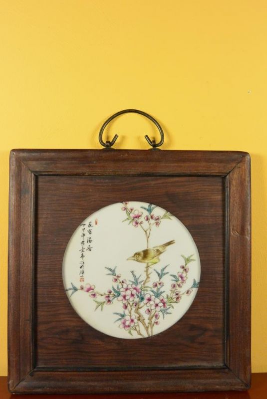 Chinese Wood and Porcelain Panel Bird on cherry tree 2 1