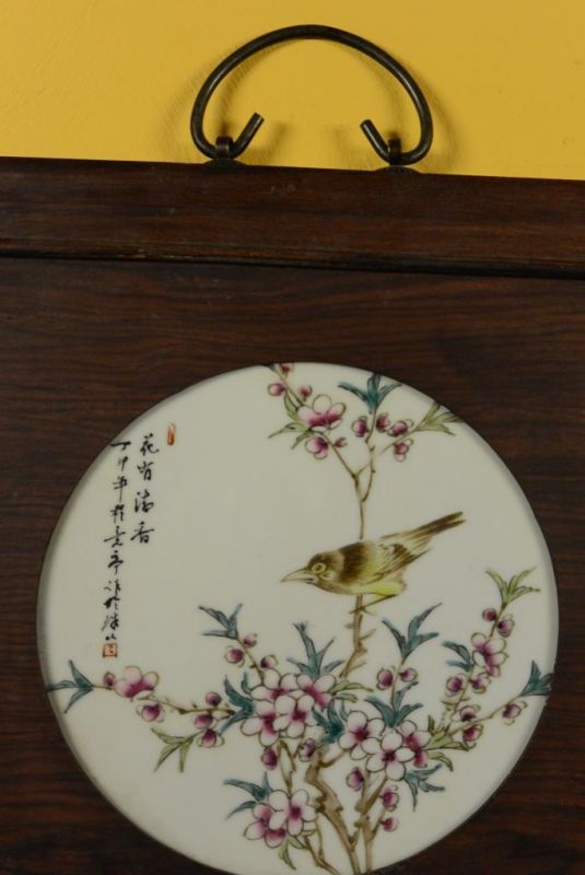 Chinese Wood and Porcelain Panel Bird on cherry tree 2 2