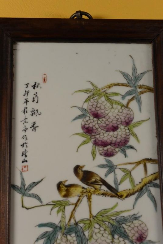 Chinese Wood and Porcelain Panel Birds on tree 2 2