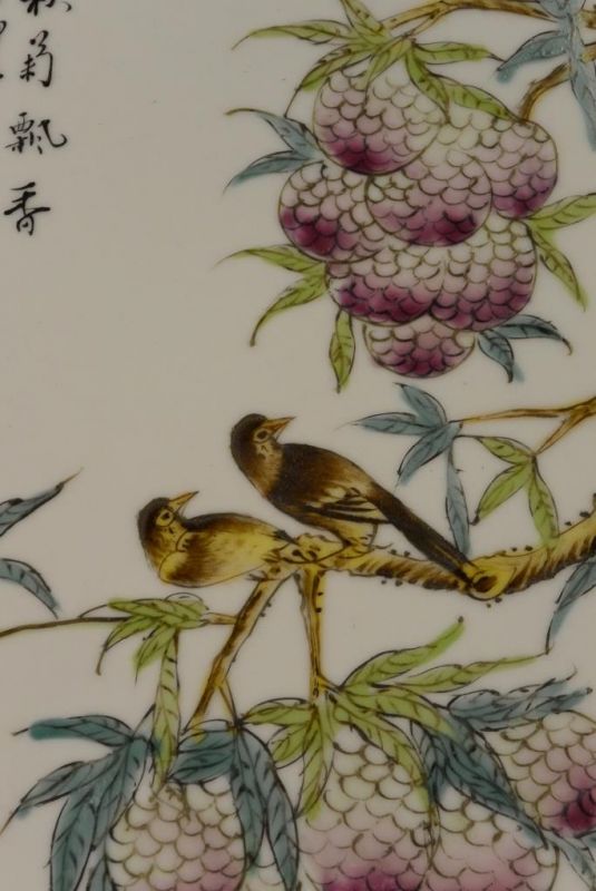 Chinese Wood and Porcelain Panel Birds on tree 2 4