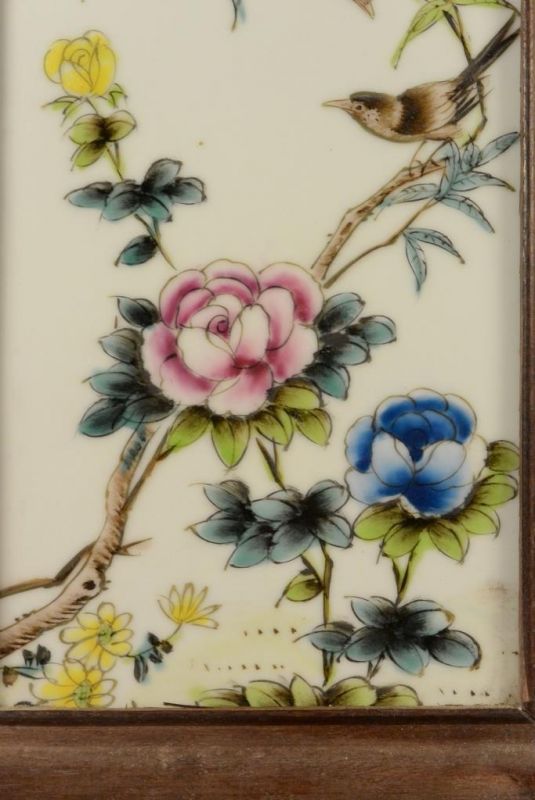 Chinese Wood and Porcelain Panel Birds on tree 5 5