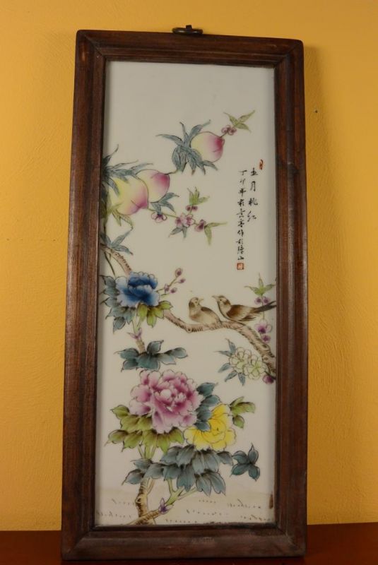 Chinese Wood and Porcelain Panel Birds on tree 6 1