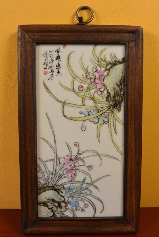 Chinese Wood and Porcelain Panel Flowers 1