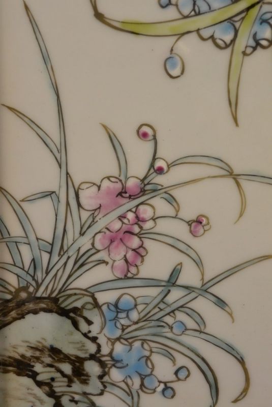 Chinese Wood and Porcelain Panel Flowers 3