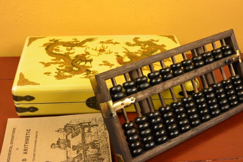 Chinese Yellow with a dragon Box with a wooden abacus 1