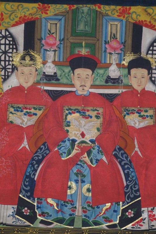 Chinesische Ahnenbilder Qing-Dynastie 3 Personen 2